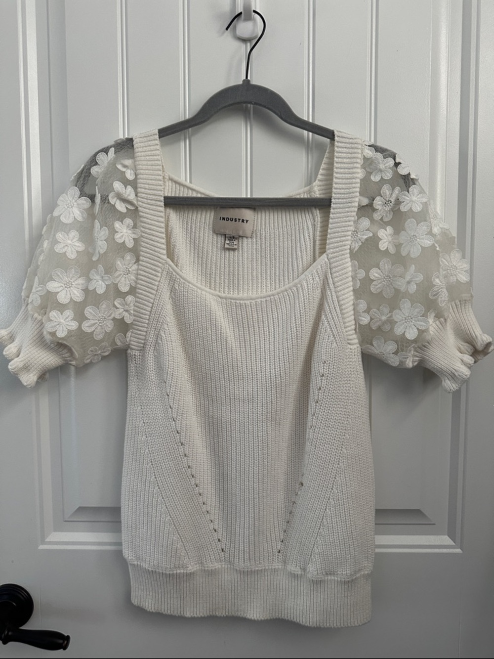 Industry Knit Top with Floral Lace Puff Sleeves